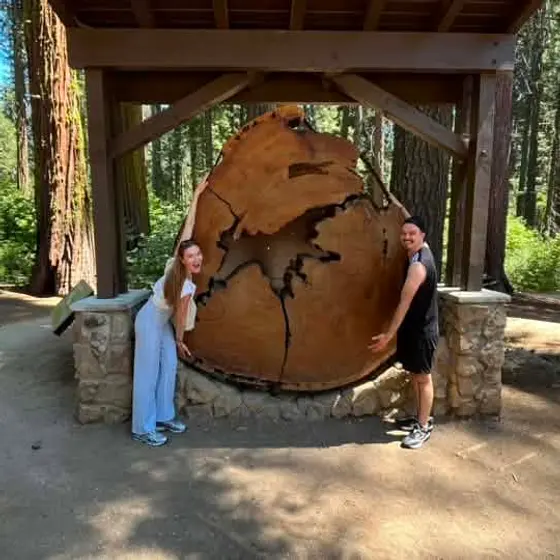 The couple beside a giant sequoia round on their west coast honeymoon road trip